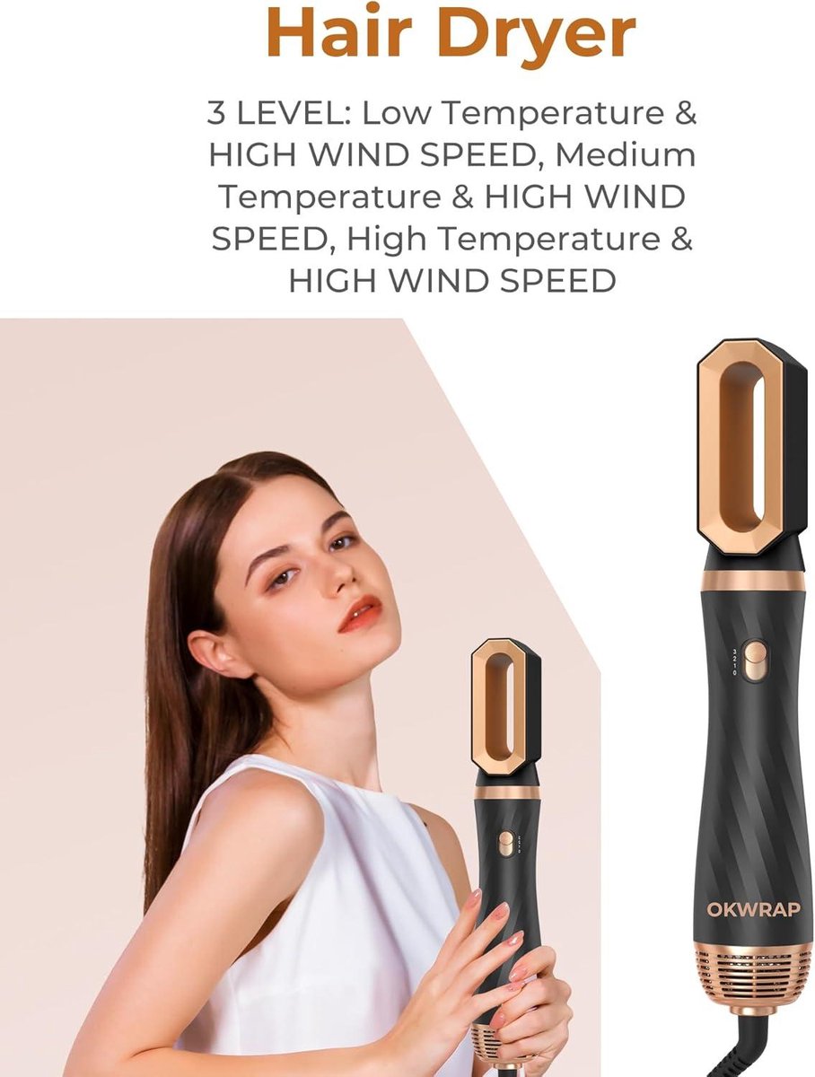 Föhnborstel 6-in-1 Airstyler haarstyler - ronde borstelföhn - warme luchtborstel - thermische borstel - automatische airflow krultang - volume föhnborstel voor gladmaken - drogen - volume - haarstyler met 6 accessoires
