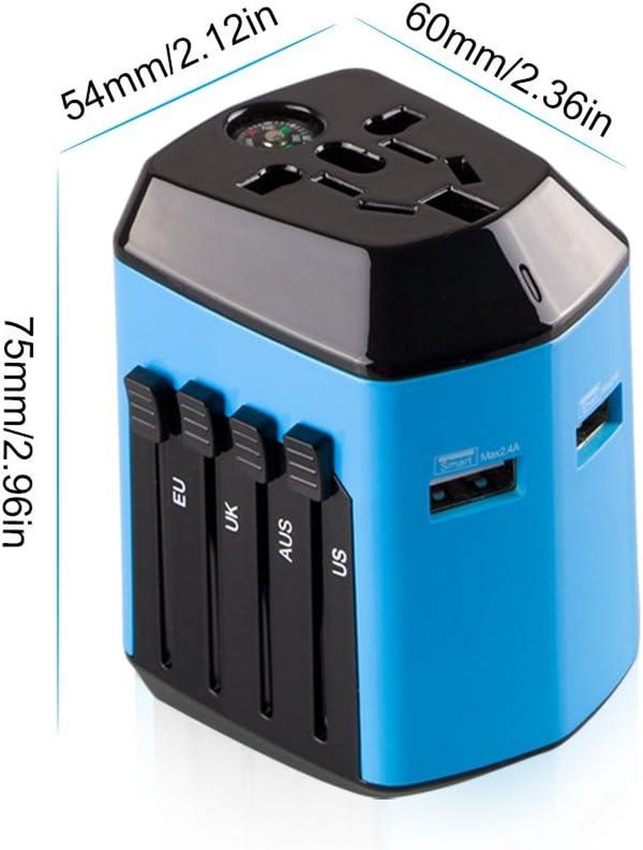Universal Travel Adapter with 2 USB Ports for 180 Countries UK/EU/US/AU - House Shape Blue