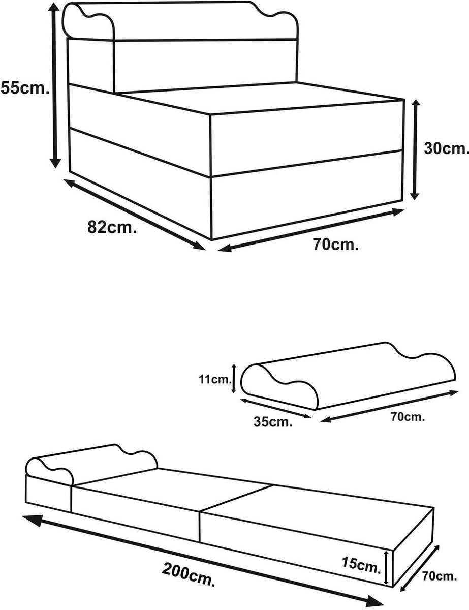 Logeermatras met kussen 70cm x 200cm x 15cm Opvouwbaar Grijs