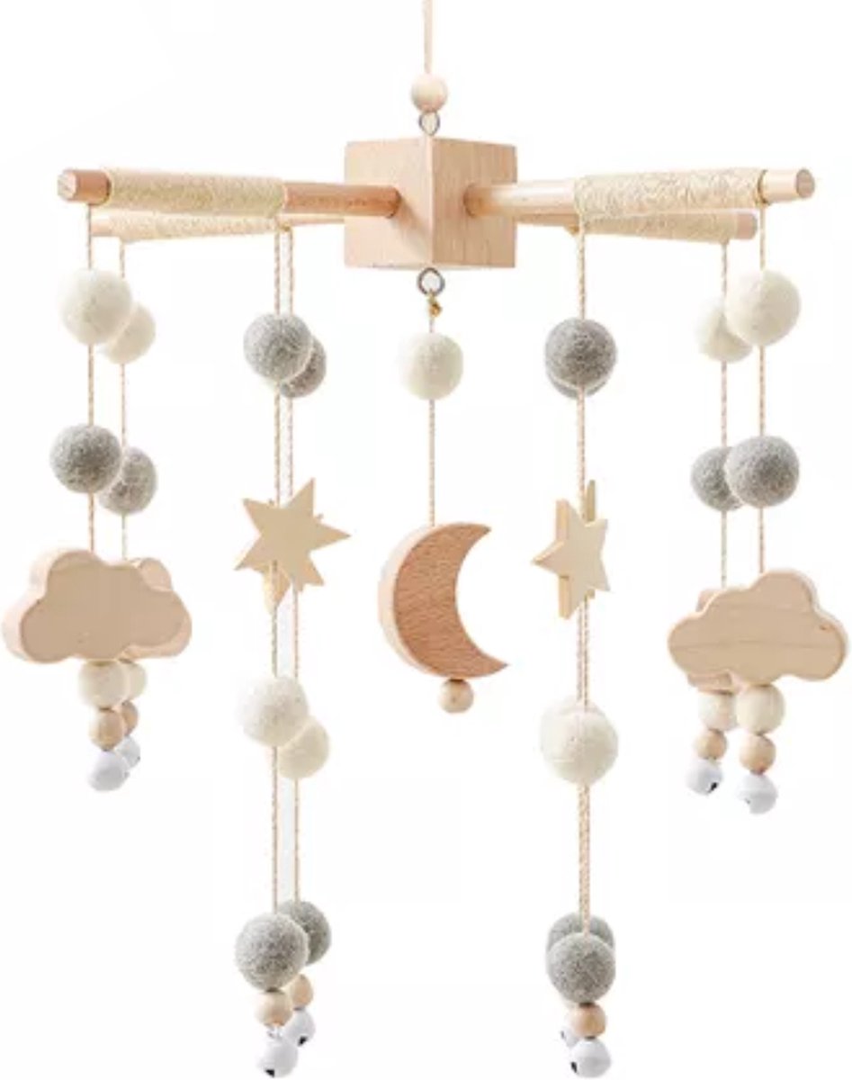 Boxmobiel Maantje + Houten Mobielhouder + Muziekmobiel - Babymobiel – Babyshower Cadeau Baby Mobiel – Wiegmobiel – Kraamcadeau