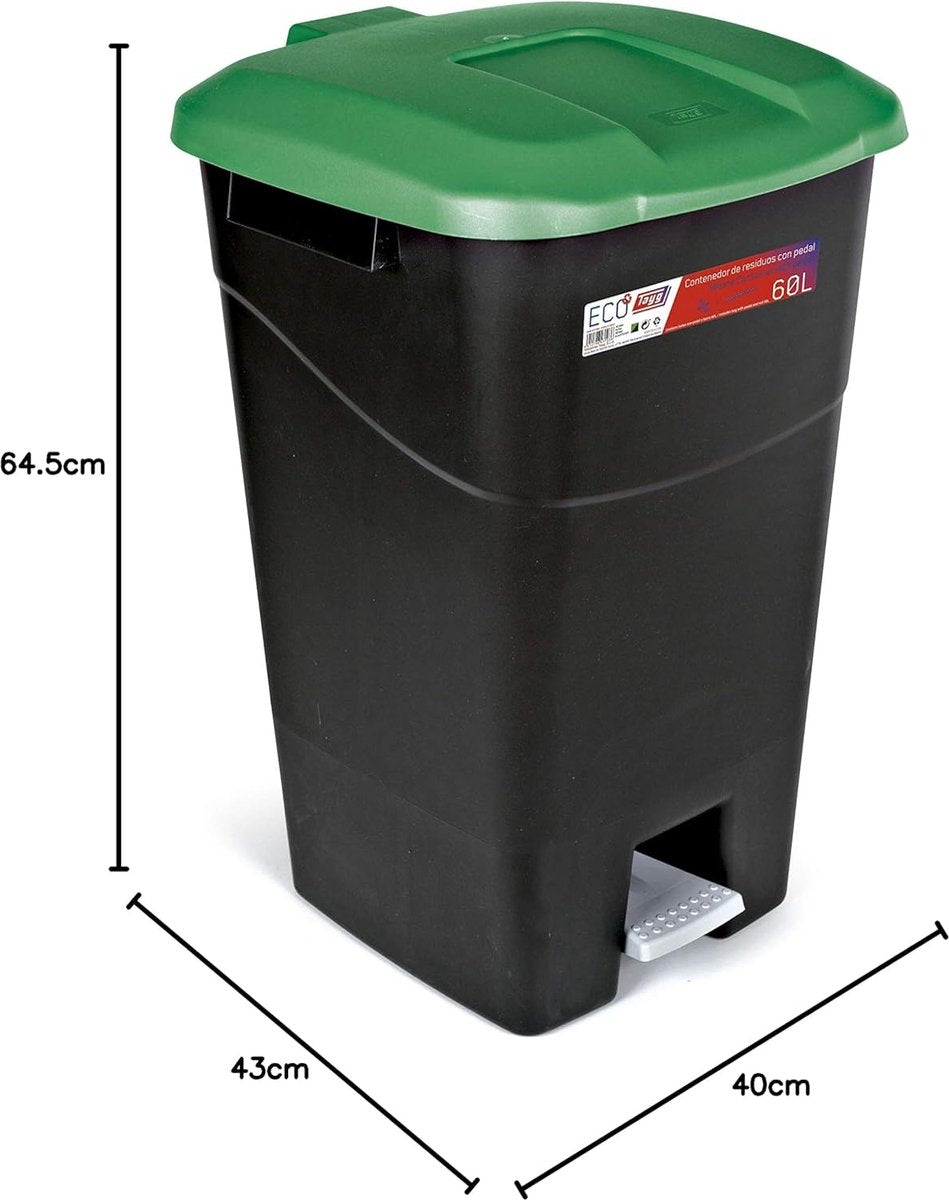 Tayg - Afvalcontainer 60 liter met pedaal, zwarte bodem en groen deksel