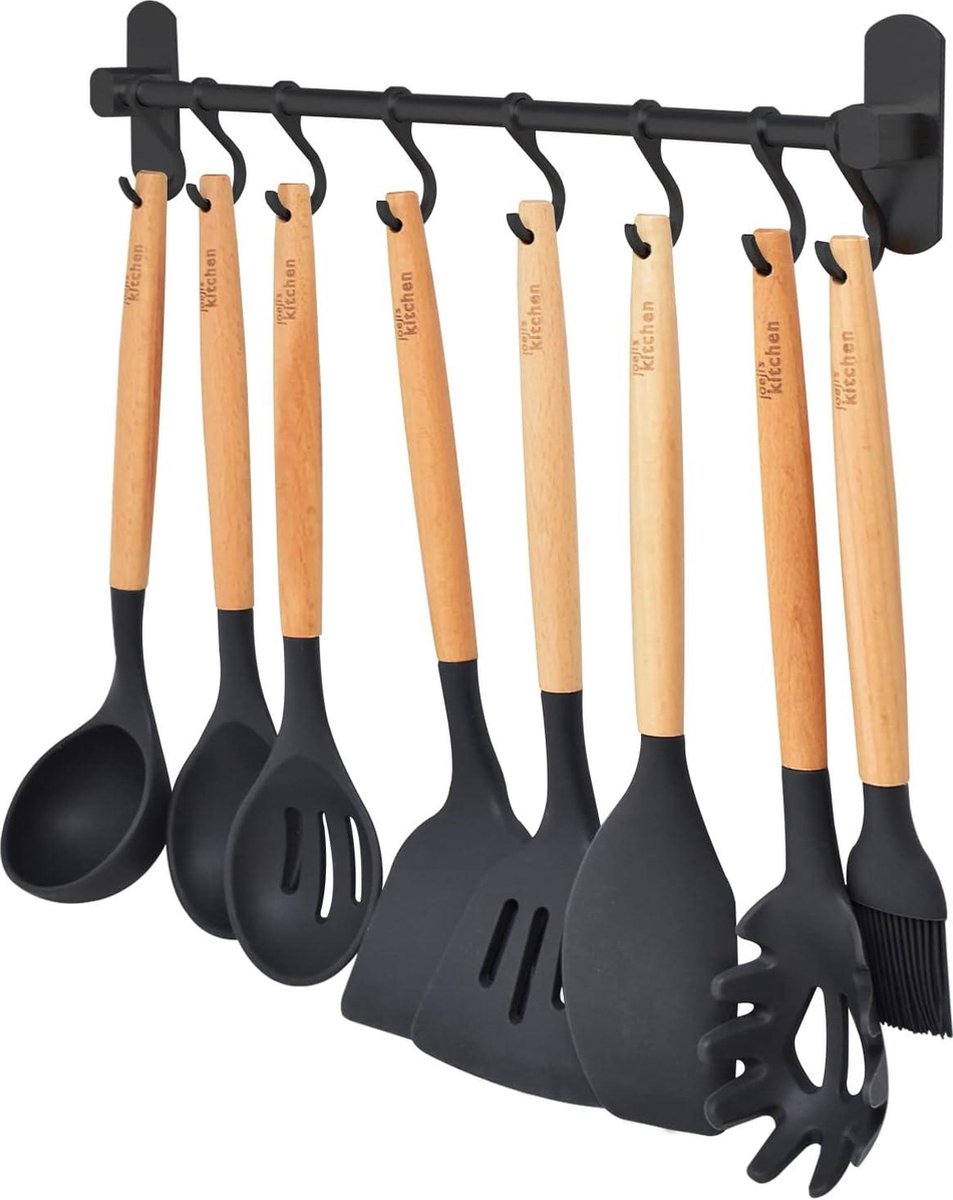 Zelfklevende keukengereihouder zwart - 40 cm - 8 haken - organizer voor keuken, badkamer & garage - keukenstang