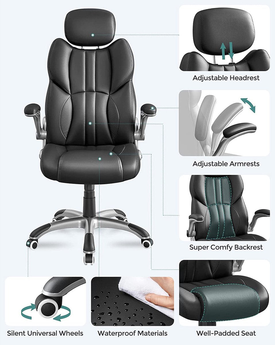 Draaistoel - Bureaustoel - Kunstleer - Zwart - Ergonomische draaistoel - Met opklapbare armleuningen - Nylon stervoet - Draagvermogen 150 kg - Zwart