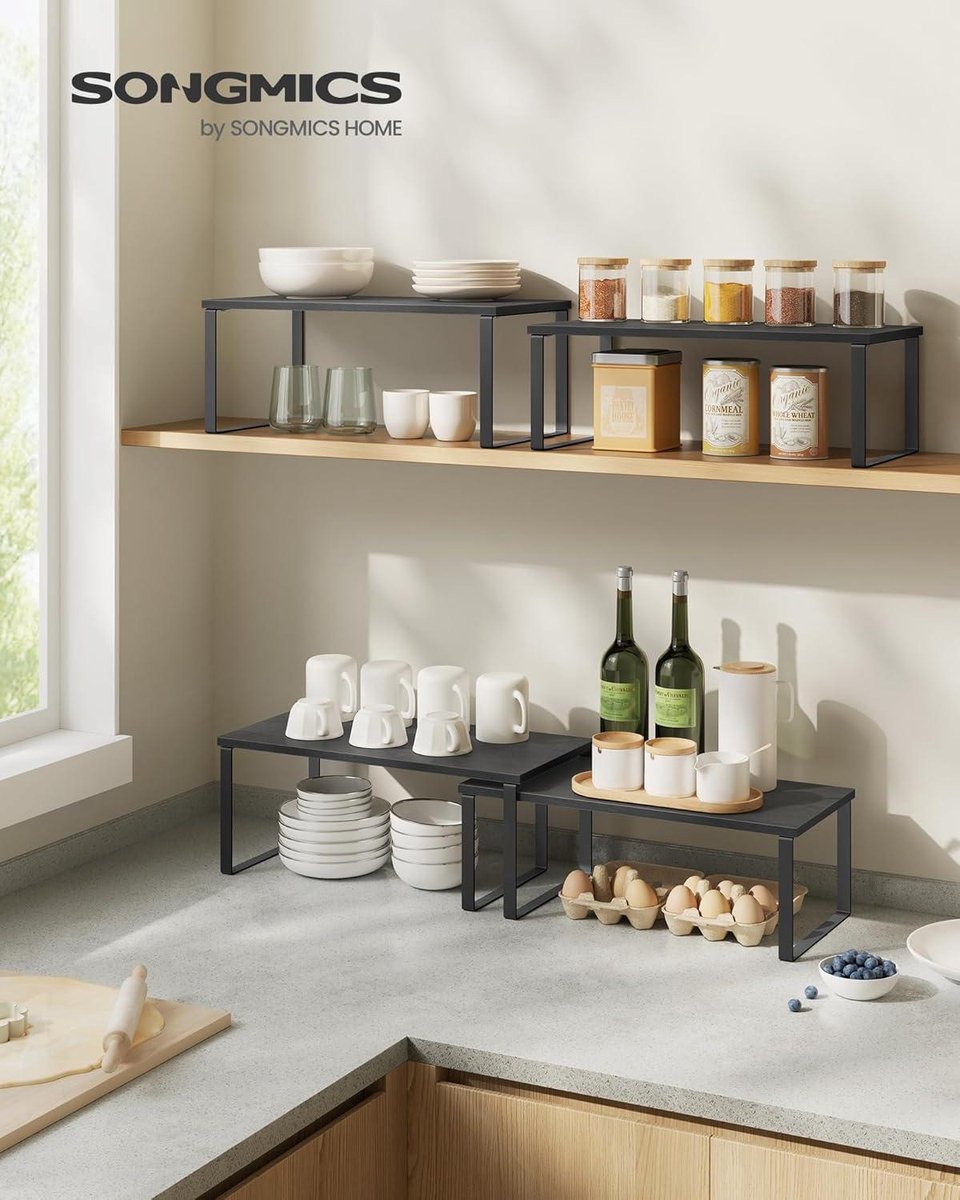 Spice rack for the kitchen - set of 4 - stackable - metal and wood - ink black spice rack hangable