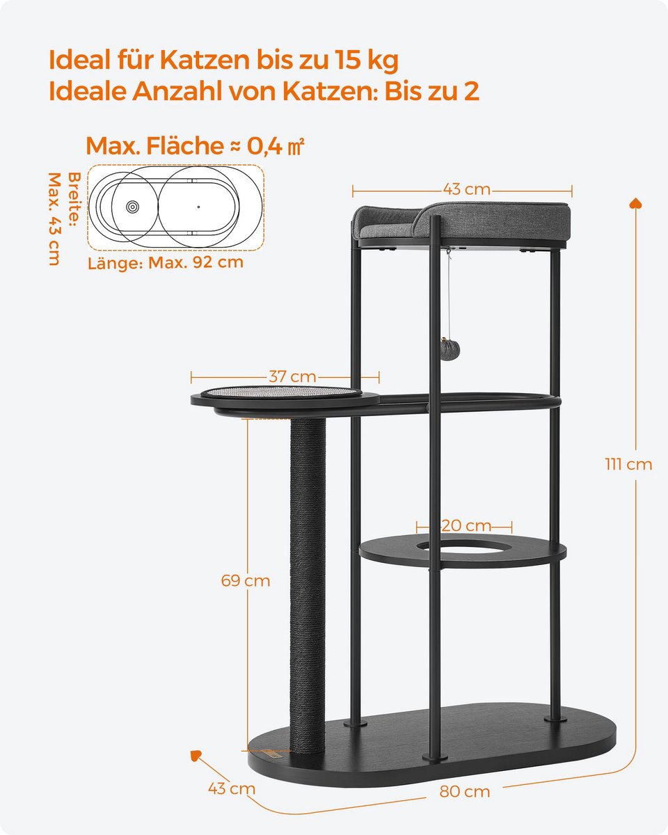 Cat scratching post - modern cat tree - metal tubes - with cushion and platform - sisal post - cat toy ball - for small - large - old cat - classic black - 80 x 43 x 111 cm