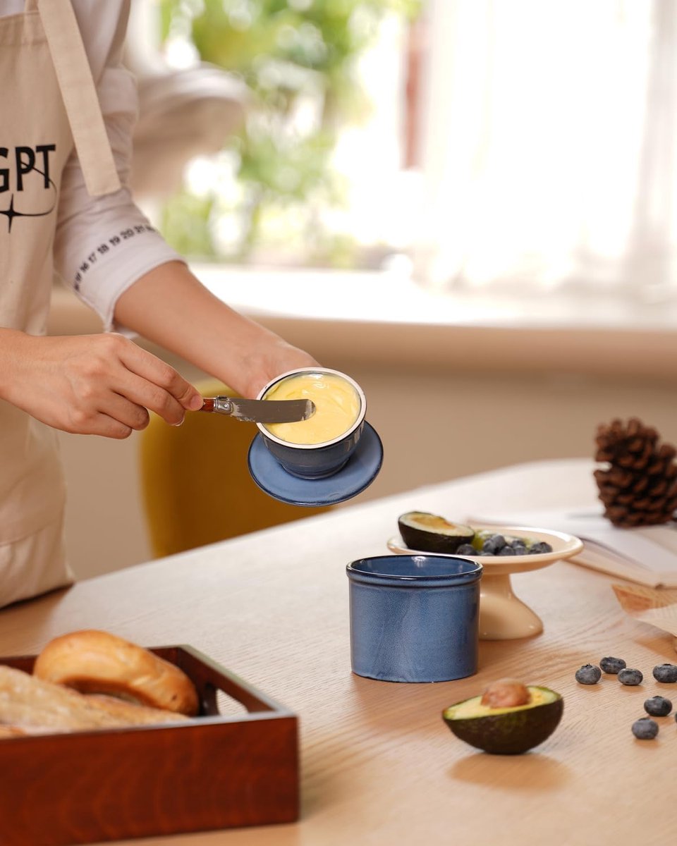 Franse botervloot, watergekoelde botervloot met waterlijn, keramische boterklok voor smeerbare boter - kerstcadeau voor in de keuken - Ocean Blue