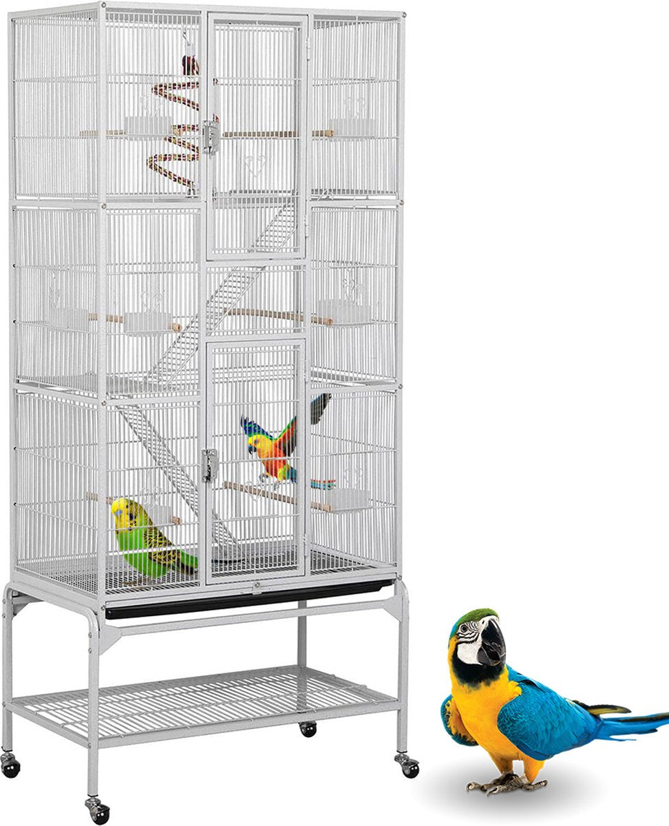 Papegaaienkooi – Parkietenkooi op voet & wieltjes – Grote vogelkooi voor binnen – Volière – Vogelspeelgoed – Inclusief accessoires – Vogelkooien – Wit