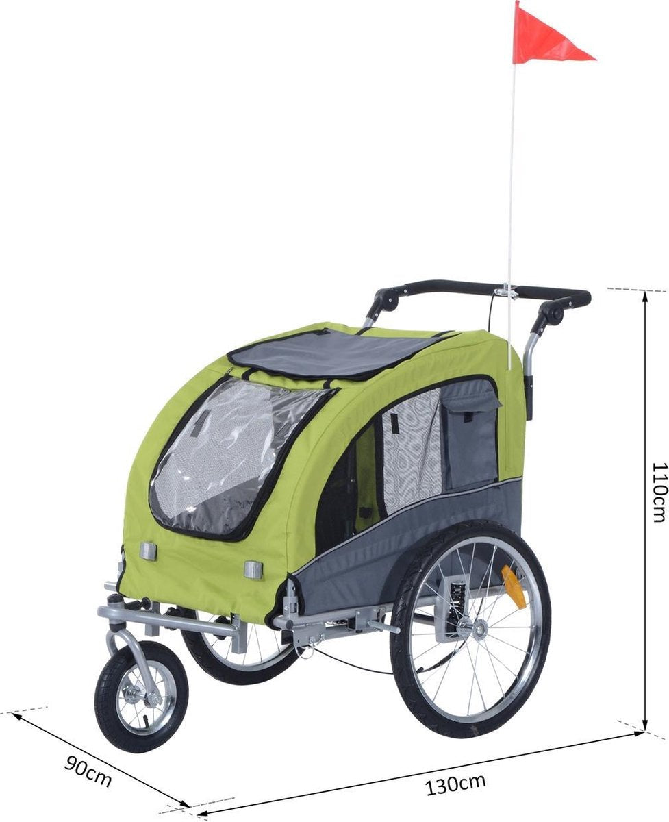 Hondenfietskar - Fietskar - Hondenaanhanger - Buggyfunctie - Geveerd en geremd - Groen/Grijs - 130 x 90 x 110
