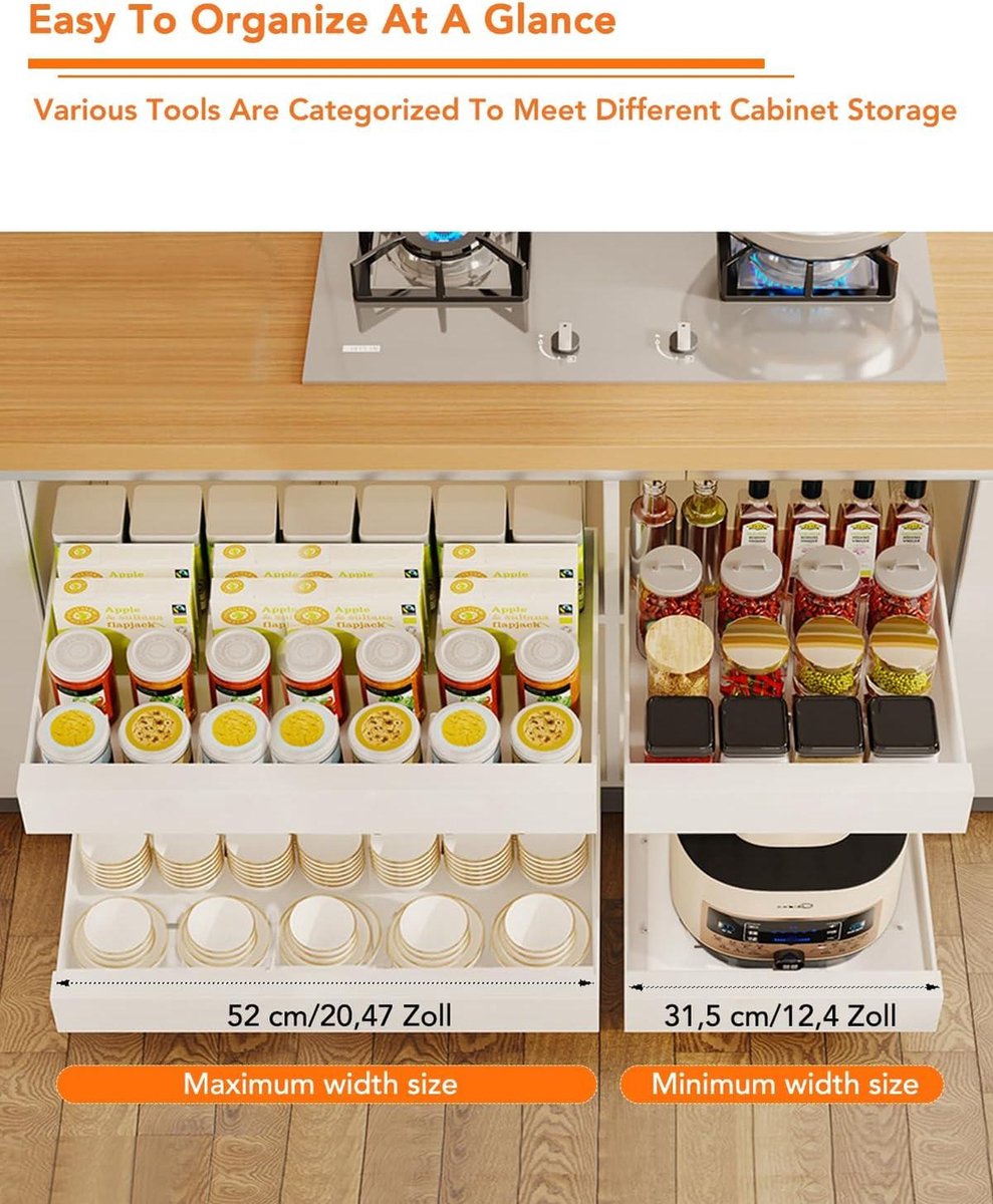 Uittrekbare kastorganizer 32-52 B x 42 L x 7 H - Keukenkast organizer met robuuste lade - Telescopische lade voor keuken - Uittrekbaar - Geen boren en spijkeren nodig Keukenkast organizer