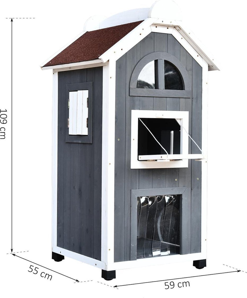 Cat villa with stairs and balcony - Cat house - Cat kennel - 2 floors - 59 x 55 x 109 cm - Wood - Grey