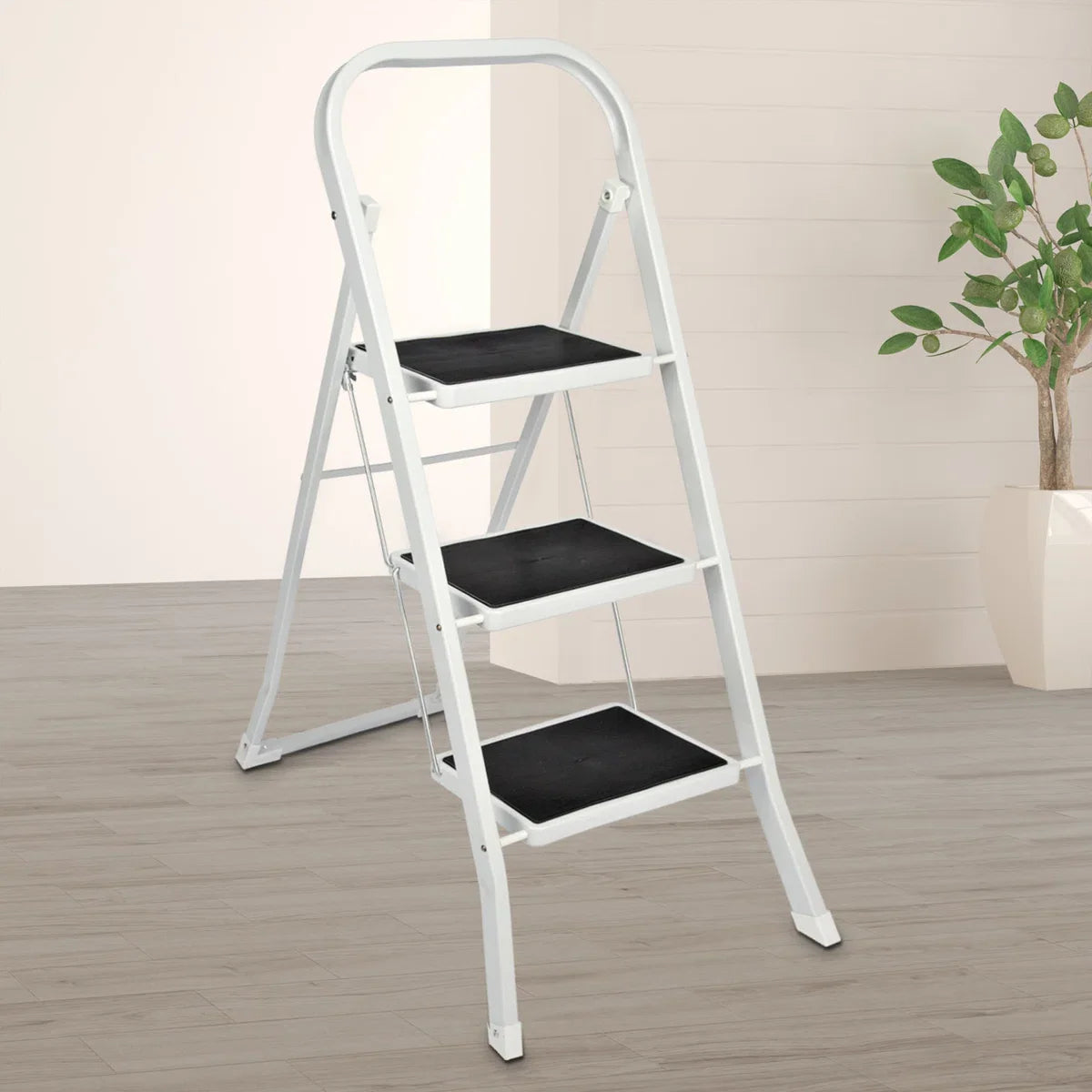 Opvouwbare huishoudtrap/keukentrap wit/zwart met 3 treden 105 cm