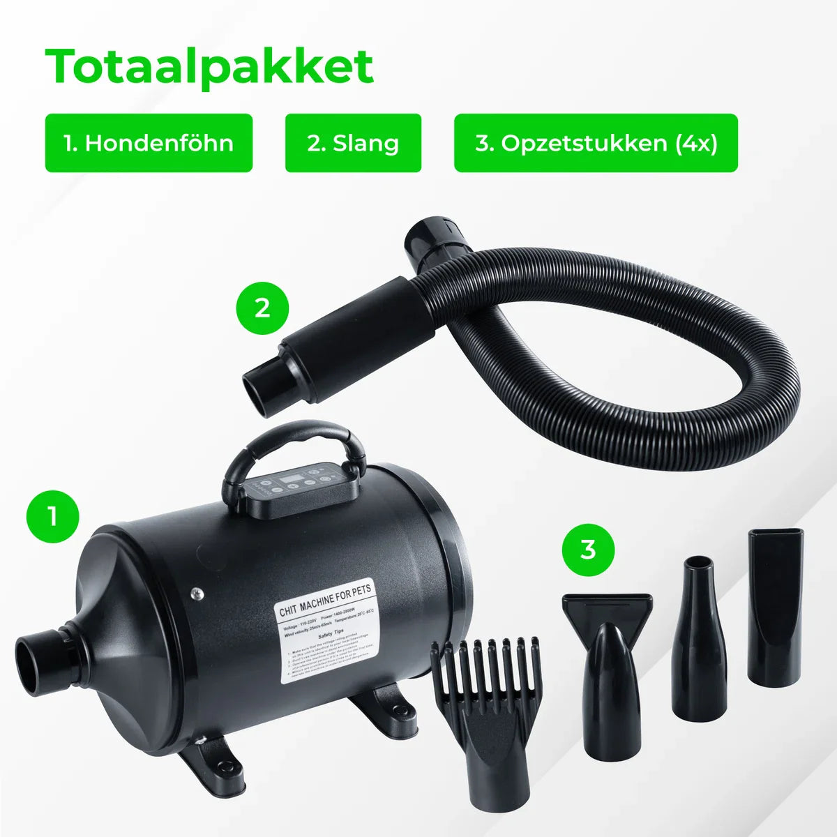 Dog Hair Dryer with 4 Nozzles - 2800W - Pet Blaster for Dogs - Dog Dryer - Dog Blaster - Black