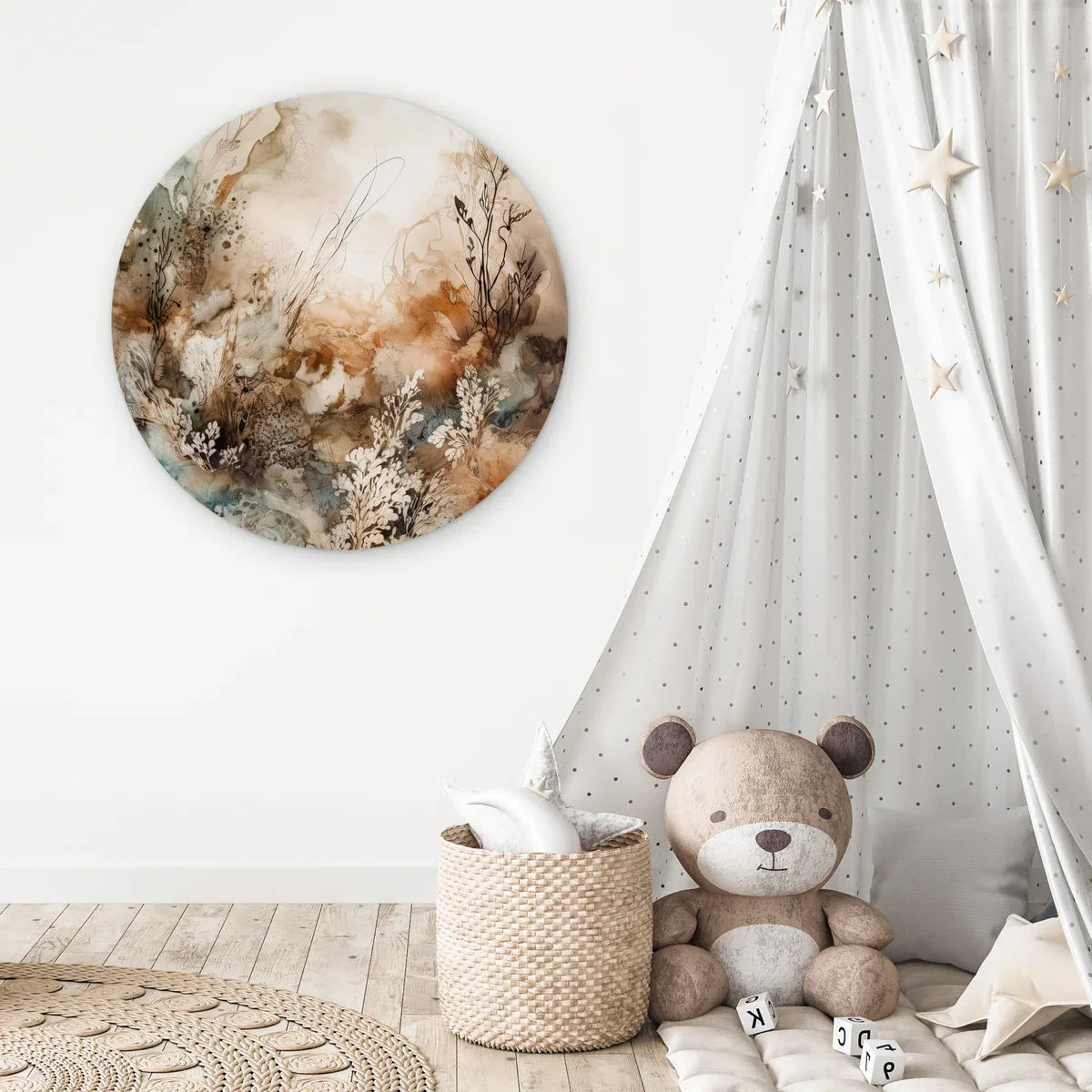 WallCircle® Wandcirkel 90x90 cm - Muurcirkel Abstract - Beige - Verf - Kunst - Natuur - Bloemen - Planten - Muurdecoratie cirkel woonkamer - Wanddecoratie slaapkamer - Kamer decoratie accessoires - Ronde schilderijen - Woonaccessoires