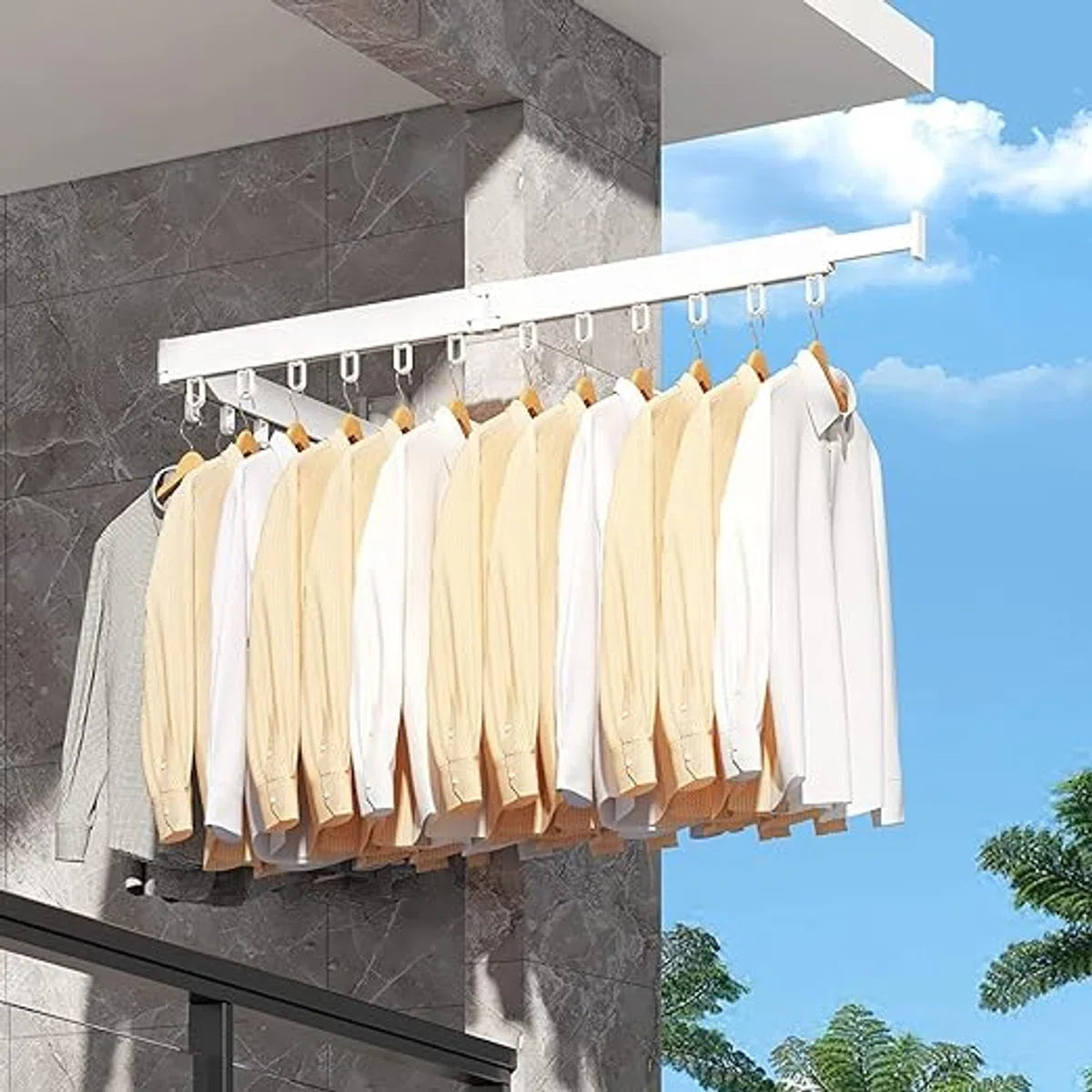 wall mounted drying rack, laundry drying rack, space-saving retractable clothes hanger rack, foldable clothes rack for balcony, laundry room, bathroom, patio (white)