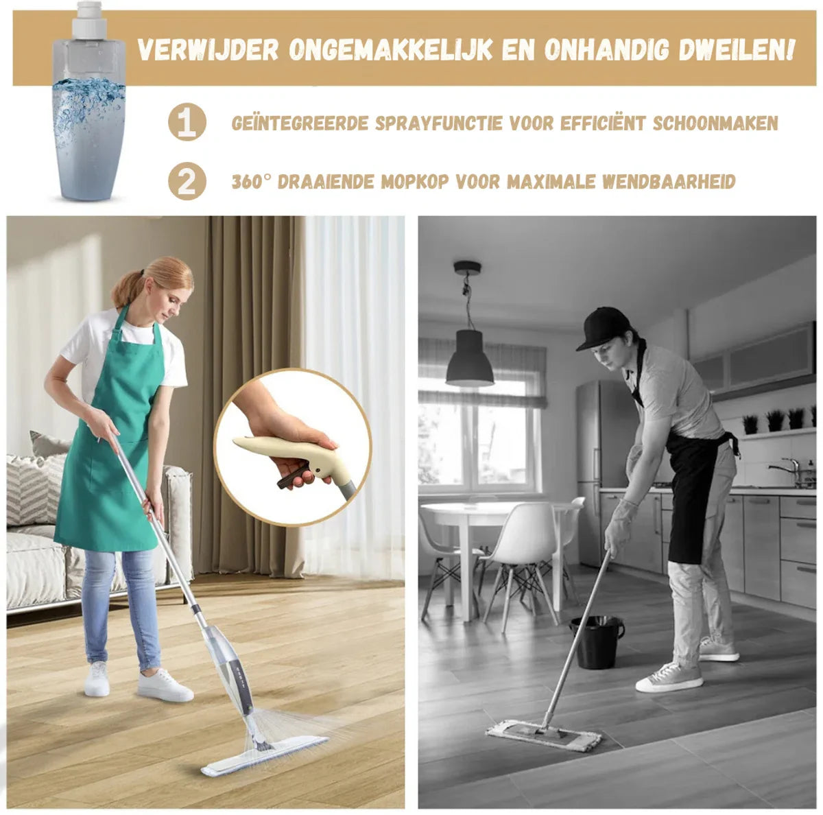 Dweil - Dweil met Sproeisysteem - Mop - 360° - Dweilsysteem - Dweilset & Vloerwissers - Inclusief Dweildoeken - Wit/Grijs