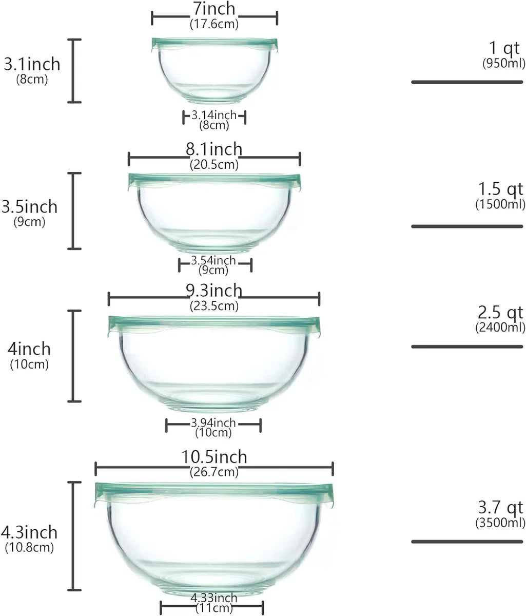 Glazen kom met deksel, set van 4 (0,95 l, 1,5 l, 2,4 l, 3,5 l), grote ronde slakommen, bakkommen, magnetron- en vaatwasmachinebestendig voor mixen, bewaren en serveren