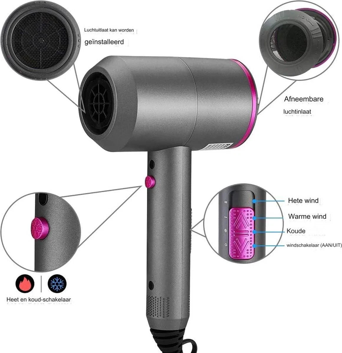 Ionische haardroger - Föhn - 2000 W - Ionische föhn - Professionele haardroger - 3 snelheden met 2 opzetstukken en 1 diffuser voor thuis en kapsalon - 110-240 V