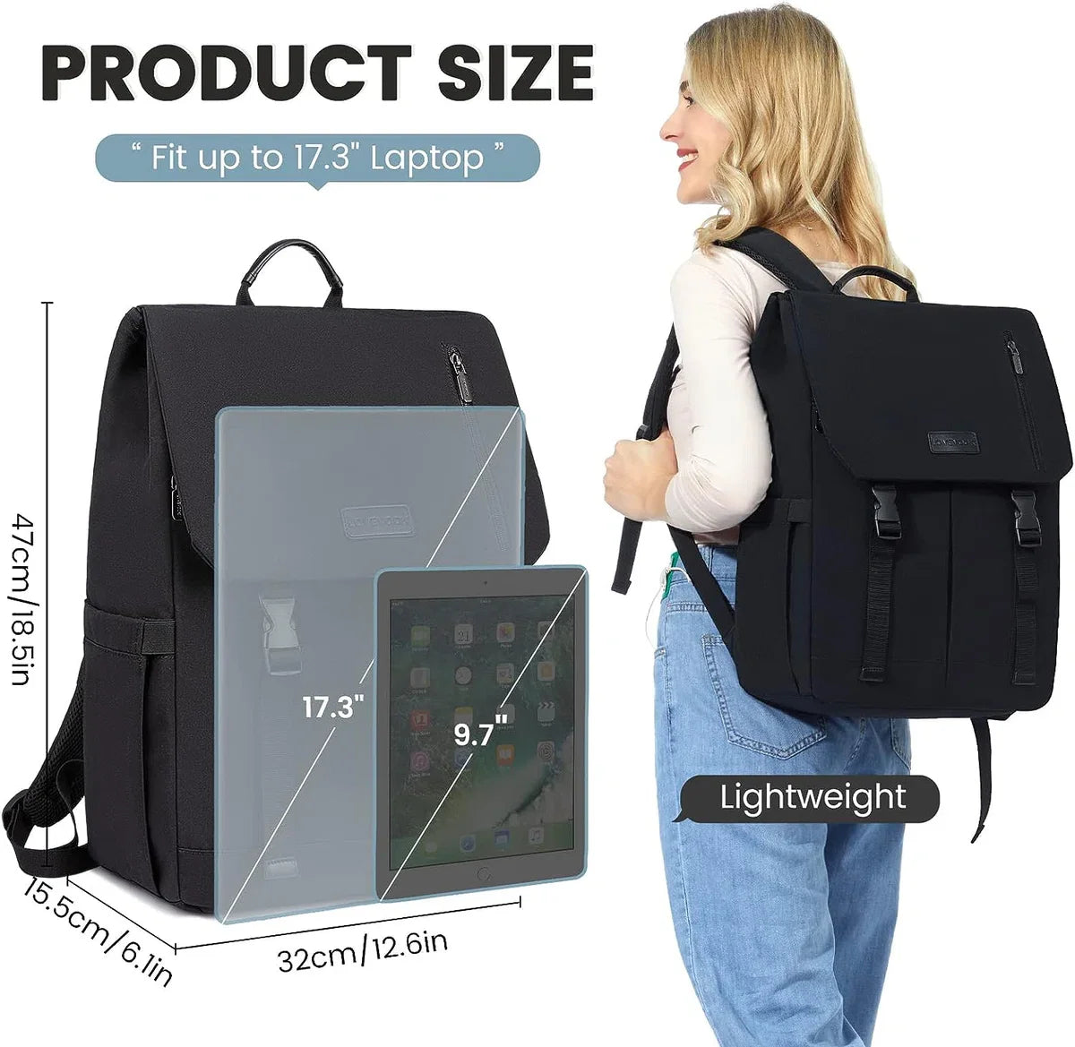 Laptop backpack 17.3 inch - Black - USB charging port - 32 x 15.5 x 47 - Backpack with 5 compartments - Work, school, office - Water-resistant