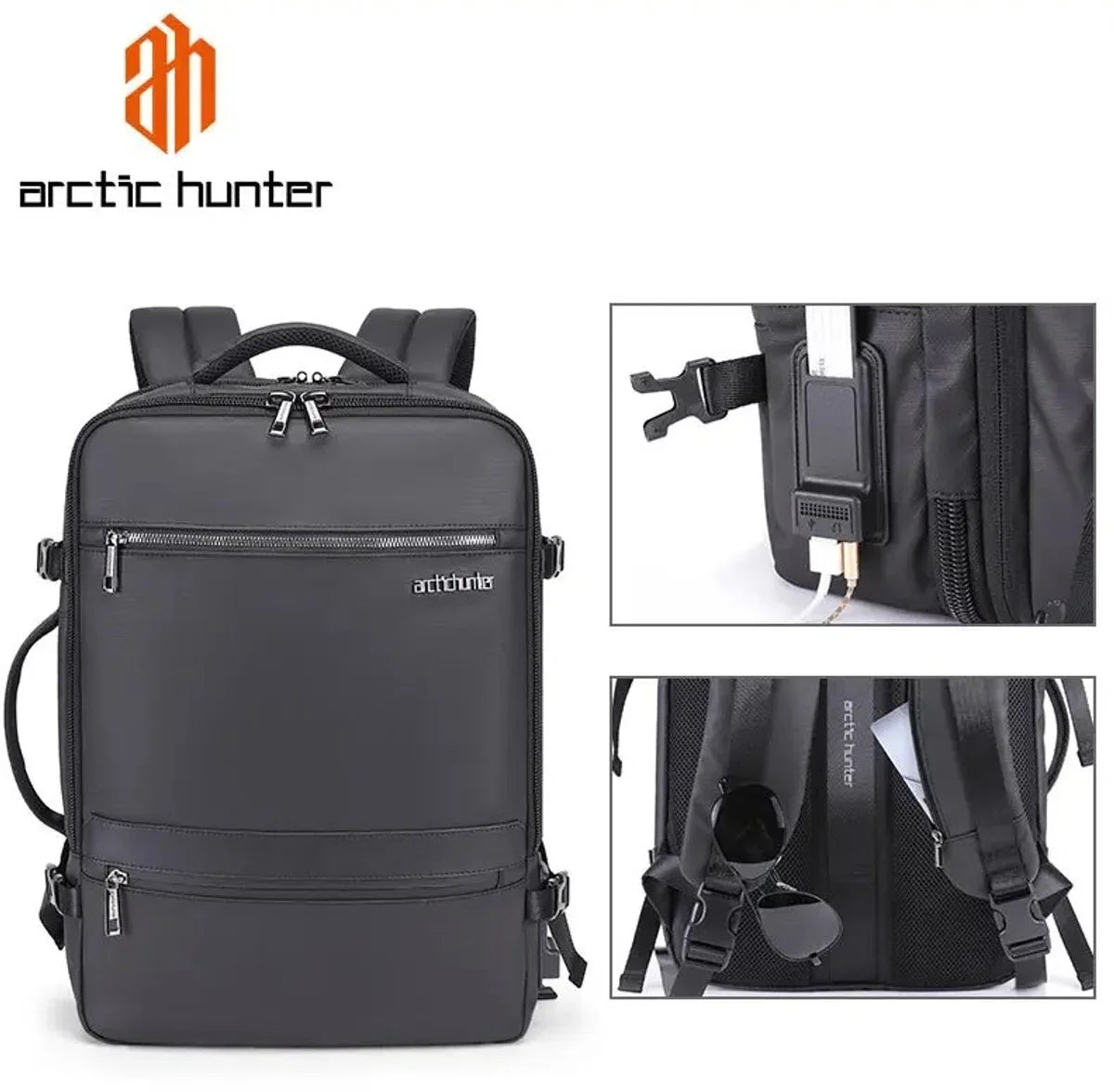 Arctic Hunter Backpack - Laptop Travel Bag - Backpack - Briefcase - 17 Inch - USB - Charging Station - Black - 32L