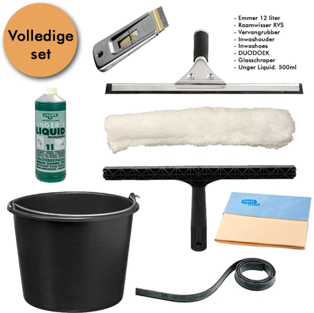 Professional Glass Cleaning Kit. Unger Liquid, Window Squeegee, Washer, Bucket, Glass Scraper.