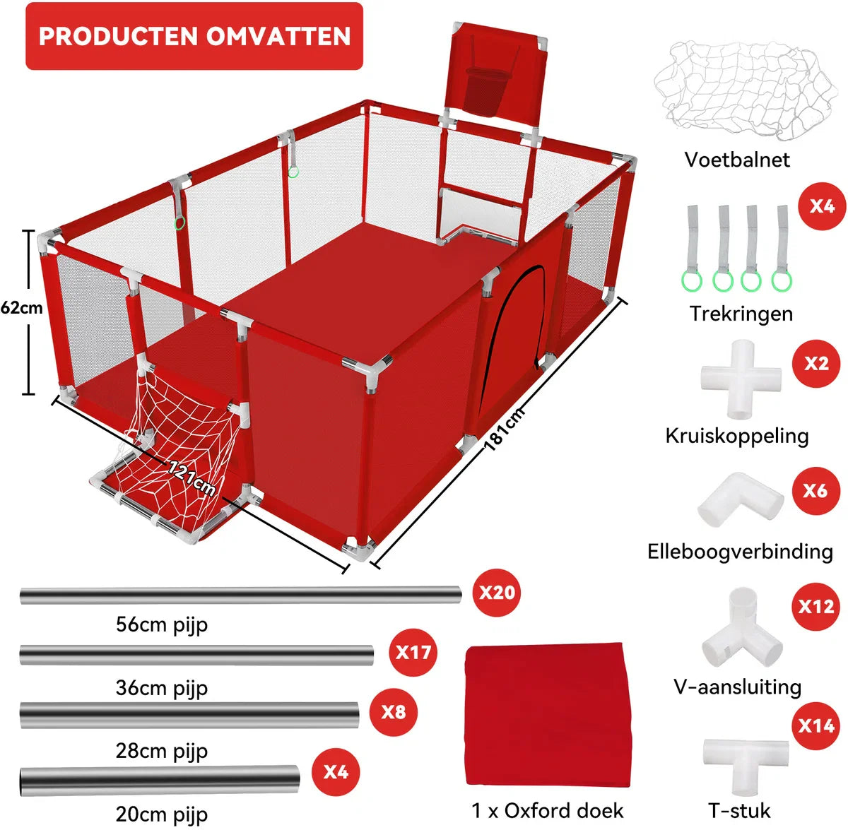 Playpen - Baby Playpen - 181x122cm Rectangular Large Size With Basketball Hoop - Red