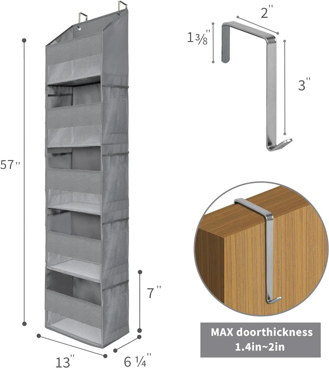 Deurhanger met 5 vakken, 1-pack opbergrek voor achter de deur, grijs ophangrek voor de deur, deurrek, deurhanger, opberghanger voor slaapkamer, deurrek