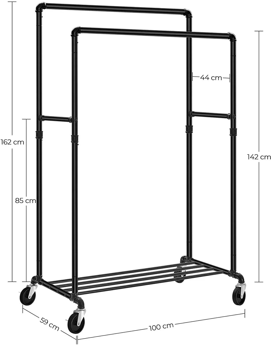 Heavy-duty kledingrek, belastbaar tot 110 kg, industrieel design, mobiele kledinghanger met 2 kledingstangen, voor productpresentatie, zwart-HSR60B