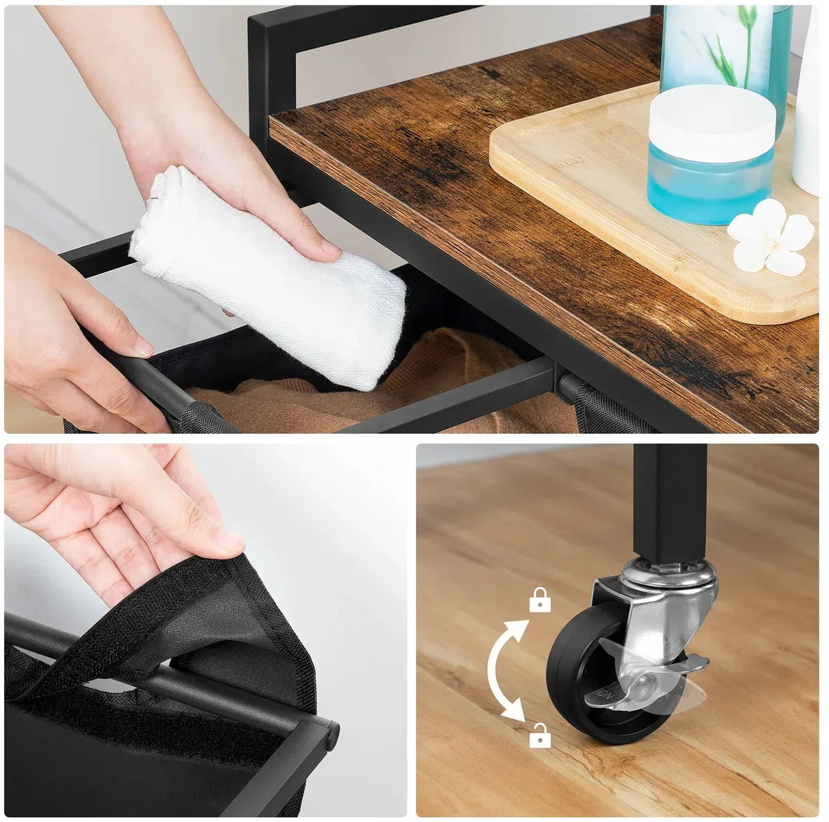 Verrijdbare wasmand - 4 vakken - Wassorteerder - Zwart - Houten blad - Nette hippe wasmand - 10,5x33x74,5 cm