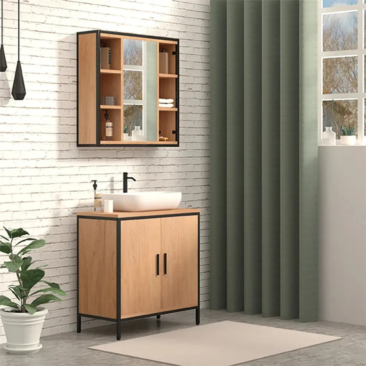 Mirror cabinet - Top cabinet - Bathroom cabinet - Wall-mounted bathroom cabinet - Brown - Black
