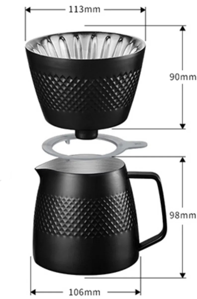 Koffie Dripper & Server Set Dubbelwandig RVS V60 Filterkoffie - Pour Over - Barista - zwart - Hario Style - brewgear.store