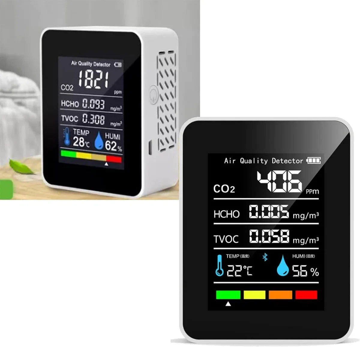 CO2-meter - CO2-meter binnen - Luchtkwaliteitsmeter - 5-in-1 meter - Kooldioxidemeter - Bereik tot 5000 ppm - Oplaadbaar - Wit/Zwart - Slimme CO2-meter - Inclusief alarm voor boven- en ondergrens