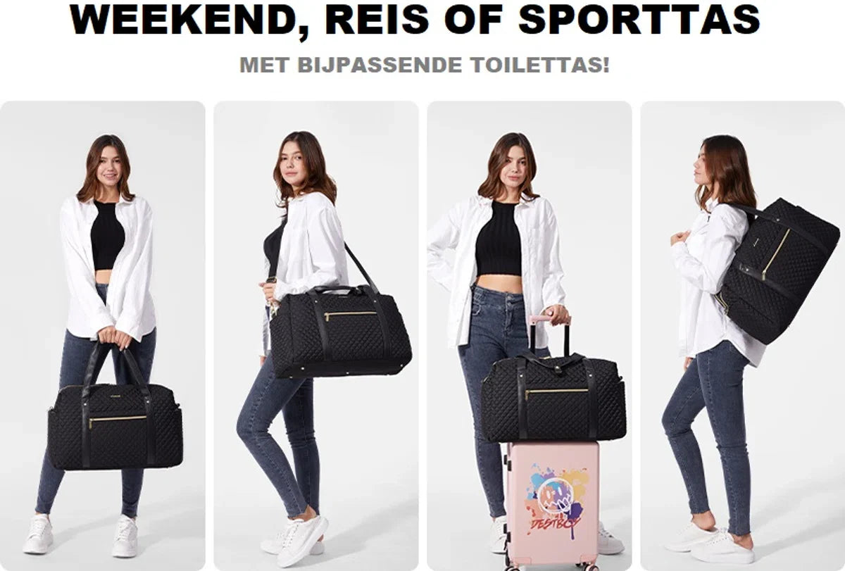 Large beige weekend bag for women - Sports bag with 15.6 inch laptop compartment - Travel bag, handbag, fitness bag - Gold details