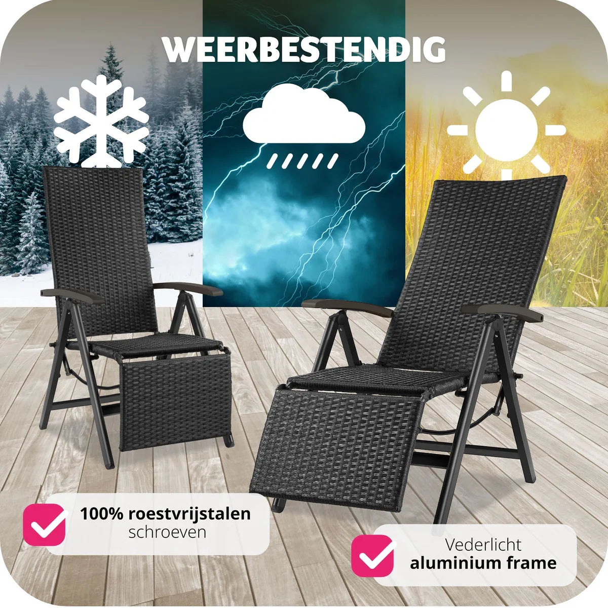 Wicker tuinstoel, inklapbaar, met aluminium frame en voetensteun - zwart