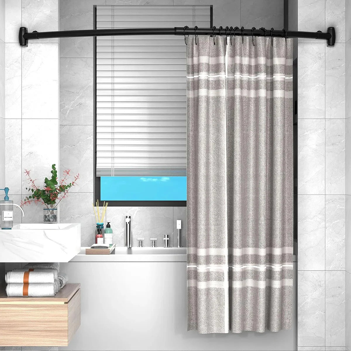 Gebogen douchegordijnroede met 12 ringen - Stevige hoekstang douchegordijn zonder plafondbeugel - Roestvrije douchegordijnroede voor in de hoek - 100-200 cm - Uitschuifbare douchegordijnroede bad & douche Zwart