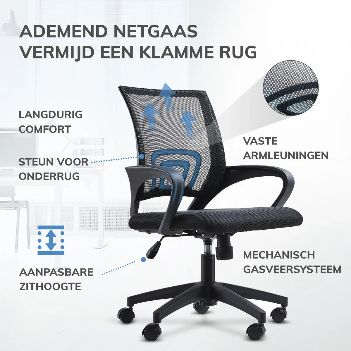ACAZA Office Chair with Armrests - Height Adjustable - with Wheels - Ergonomic Office Chair - Black