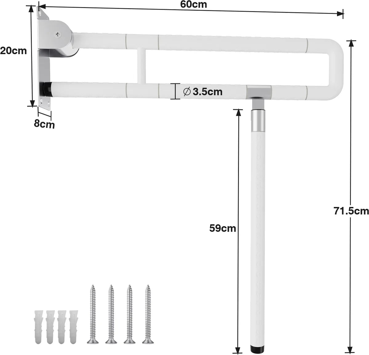 Opklapbare toiletbeugel met steunvoet - Verstelbare toiletsteun - Toiletbeugel met handgreep - Wandmontage ondersteuning - 60cm lang Wit