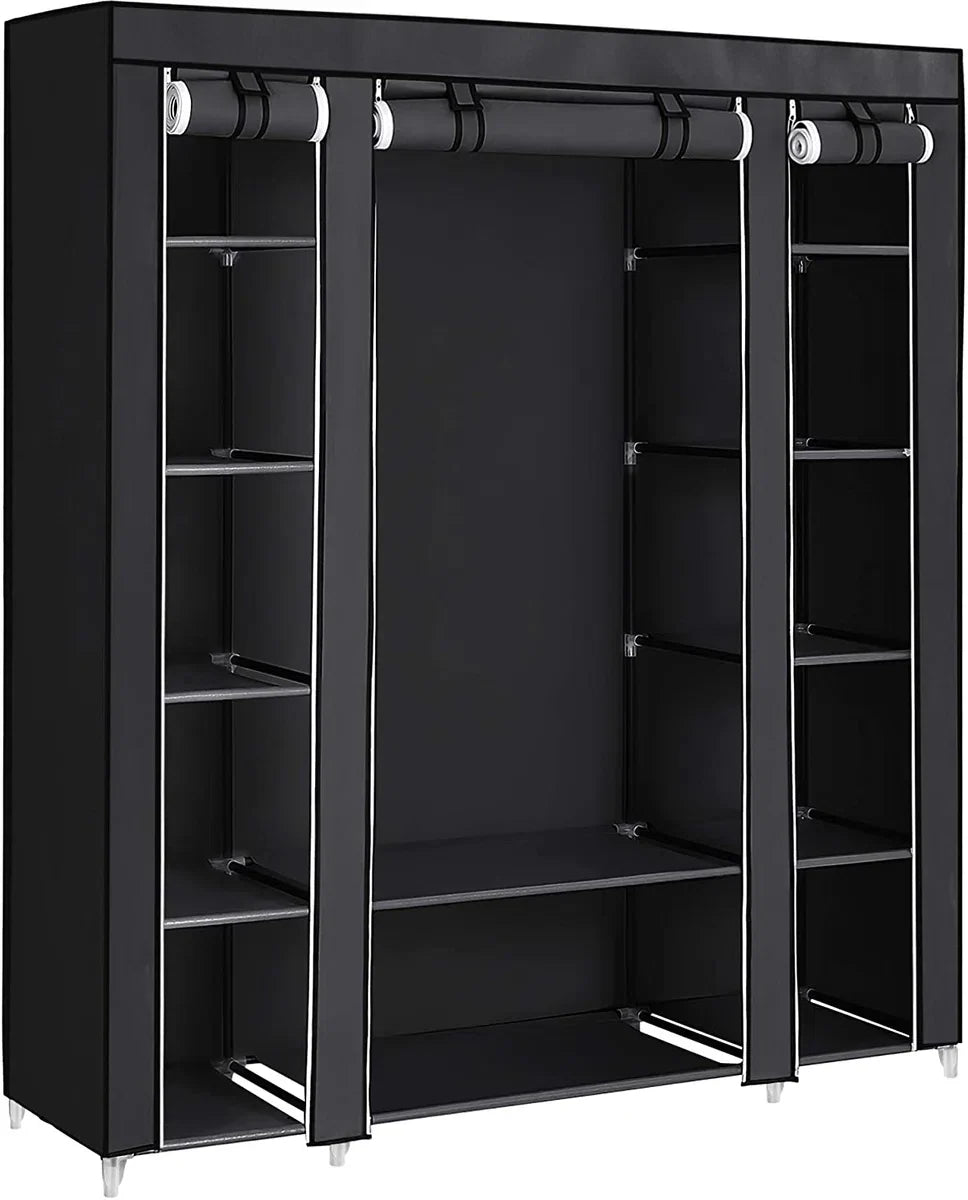 Large XXL wardrobe, fabric wardrobe, folding wardrobe with clothes rail 175 x 150 x 45 cm THREE roll-up doors (black) LSF03H