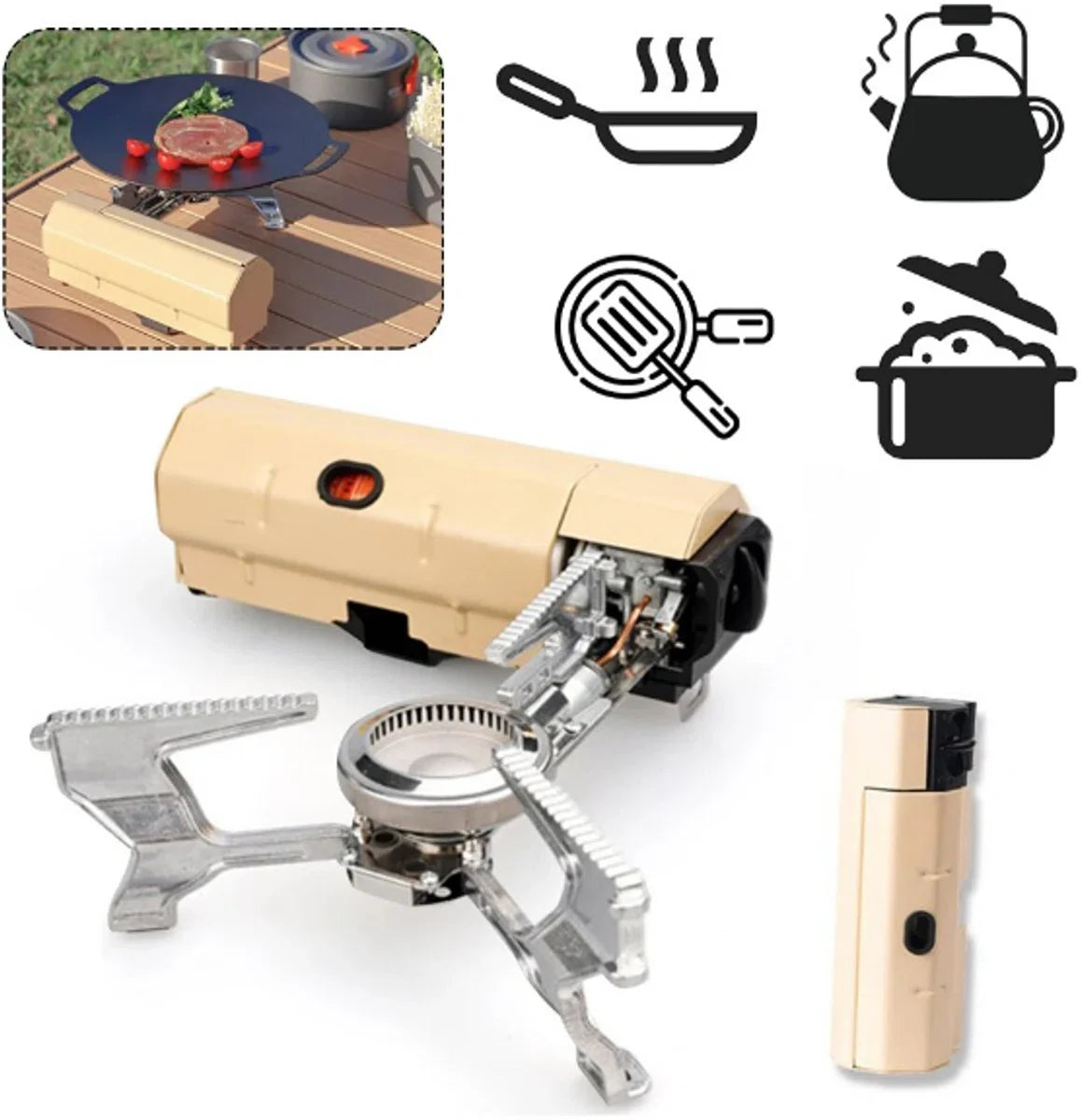 Camping Kooktoestel - Wit - Compatibel met Gaspatronen 227g, Camping Gas Cooker opvouwbaar met Foedraal, Opvouwbaar Campingfornuis, met piëzo ontsteking voor binnen/buiten, Camping Gasbrander. Onmisbaar bij Noodpakket, Backpack, Visspullen.