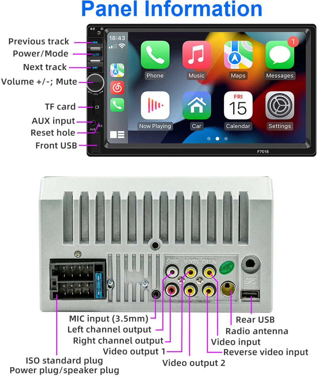 Autoradio | 7 inch Touchscreen | Apple Carplay | Android Auto | 2 DIN Universeel | Bluetooth | USB