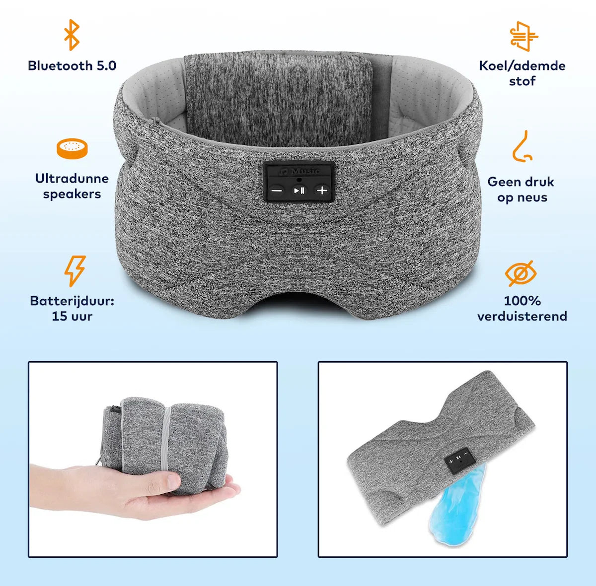 Bluetooth slaapmasker (premium) - Beste keuze - 100% verduisterend - Ultraplatte 'spons speakers' (perfect voor zijslapers) - Koel en ademend materiaal - Volledig verstelbaar - Uitstekende geluidskwaliteit - Batterij: 13 uur - Grijs