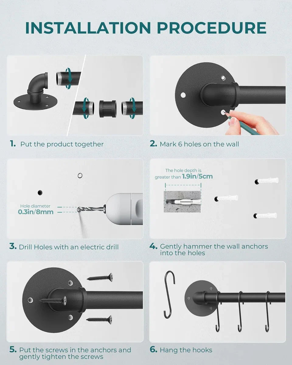Pot rack, kitchen rack, pan holder, kitchen bar with hooks, 100 cm long
