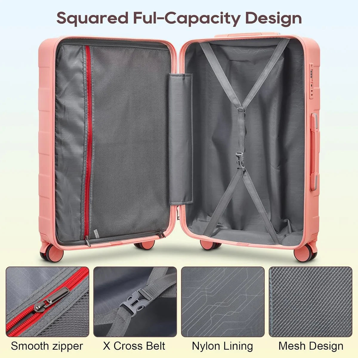 3-delige bagagesets, koffer met spinnerwielen, bagageset voor dames, lichtgewicht koffer met wielen, bagage met TSA-slot, roze