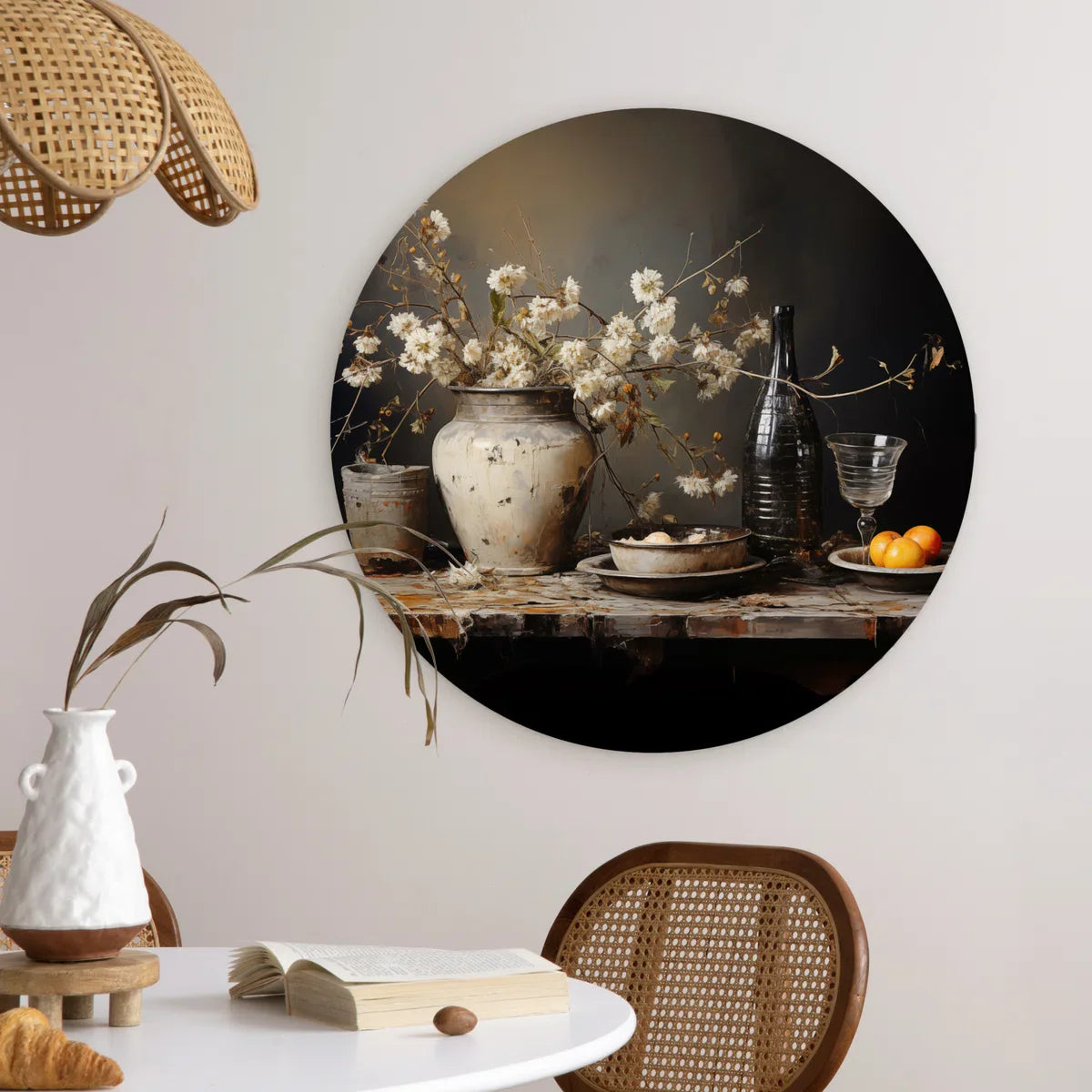 WallCircle® Wandcirkel 60x60 cm - Muurcirkel Stilleven - Bloemen - Boeket - Vaas - Wijn - Kunst - Muurdecoratie woonkamer - Wanddecoratie slaapkamer - Keuken - Kamer decoratie accessoires - Ronde schilderijen - Woonaccessoires
