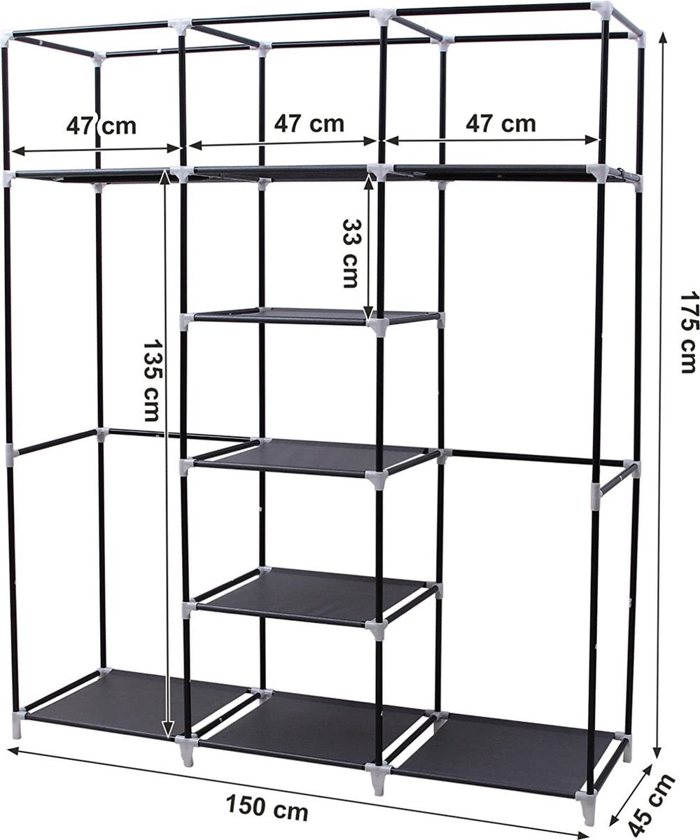 LG Life's Green Opvouwbare Kleerkast – 150x45x175CM – Kledingrek met 9 opbergplanken en 2 ophangstangen – Stoffen Kledingkast – 200KG Draagvermogen – Bruin