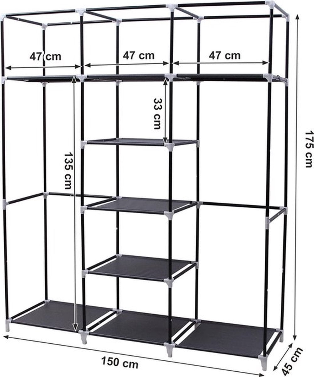 LG Life's Green Opvouwbare Kledingkast – 150x45x175CM – Kledingrek met 9 opslagplanken en 2 ophangstangen – Stoffen Kledingkast – 200KG Draagvermogen – Zwart