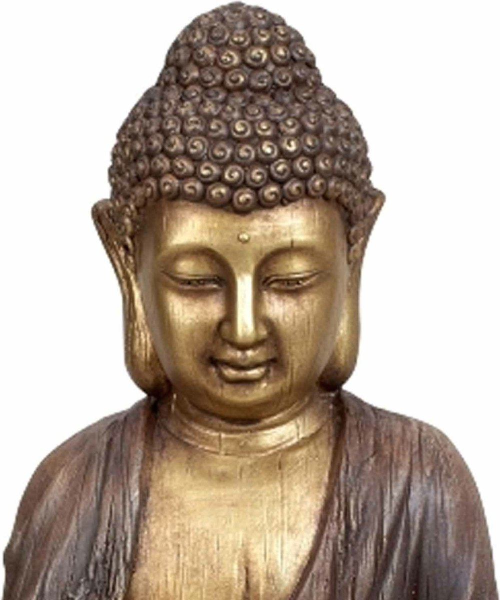 Buddha statue sitting - indoor/outdoor - artificial stone - brown/gold - 30 x 45 cm - with folded hands