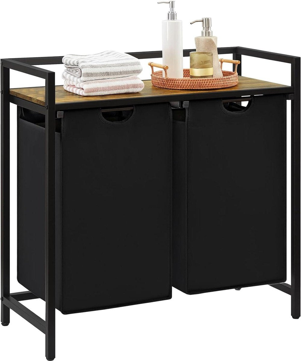 Laundry Basket 2 Sections 95 L - Shelf - Double Pull-Out Removable Bags - Laundry Sorter - Laundry Room Bedroom - Black Laundry Basket 3 Compartments