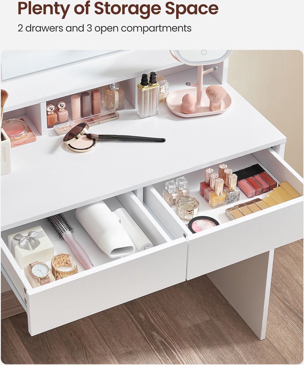 Blinky Kaptafel - Kaptafel met spiegel - make-uptafel - make-uptafel - kaptafel met spiegel en gloeilampen - met 2 lades en 3 open vakken - Wit