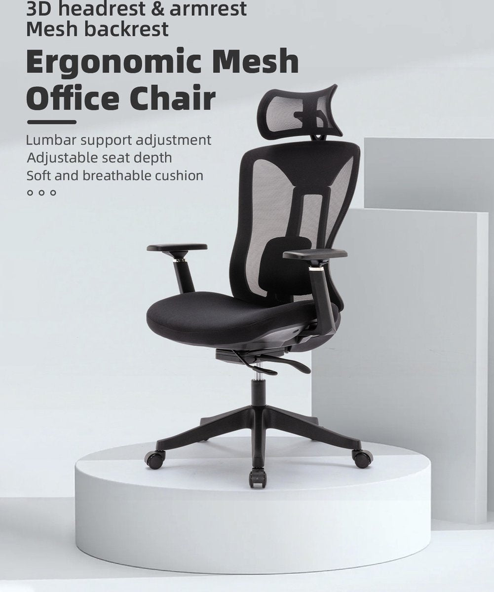 Ergonomic Office Chair - Desk Chair - Adjustable Headrest - Black - Height Adjustment 117-125cm - Swivel Office Chair - With wheels
