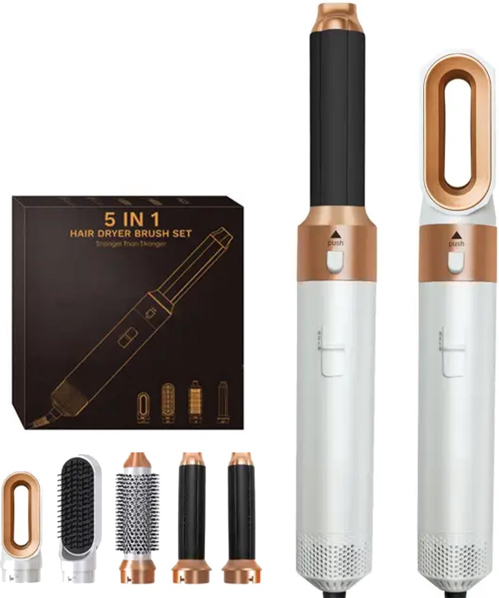 Airstyler Krultang 5-in-1 – Föhnborstel Roterend met Diffuser – Multistyler – 5 Opzetstukken – Kort & Lang haar – Haardroger